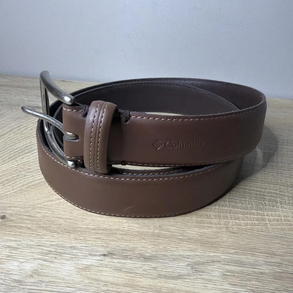 Columbia Brown Leather Lined Belt Men's Large 36-40 Silver‎ Buckle Work Casual